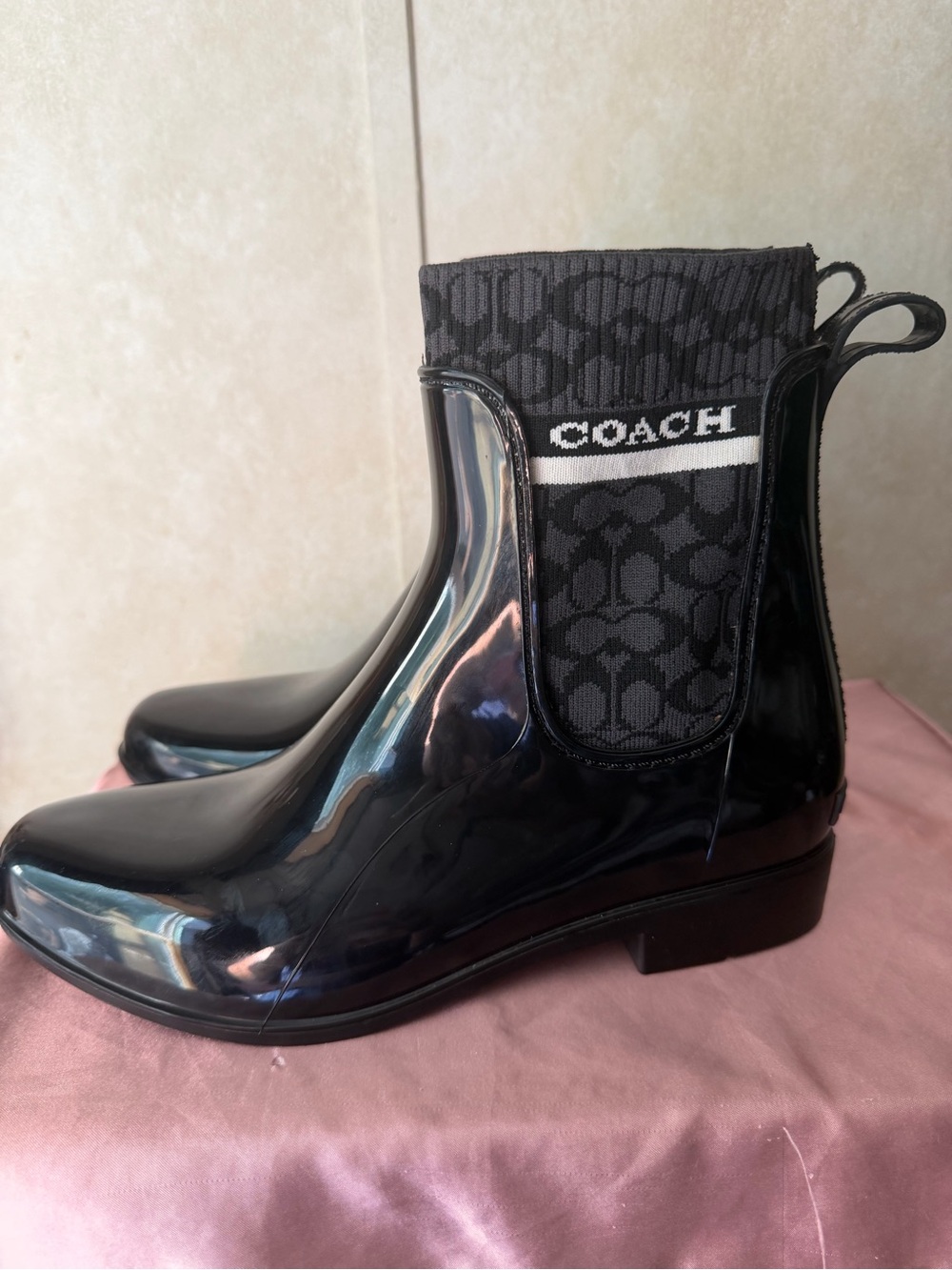 Coach Black Patent Logo Chelsea Rain Booties